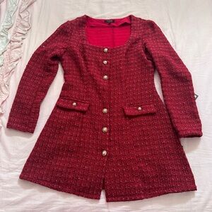 Red Tweed Button-Up Dress